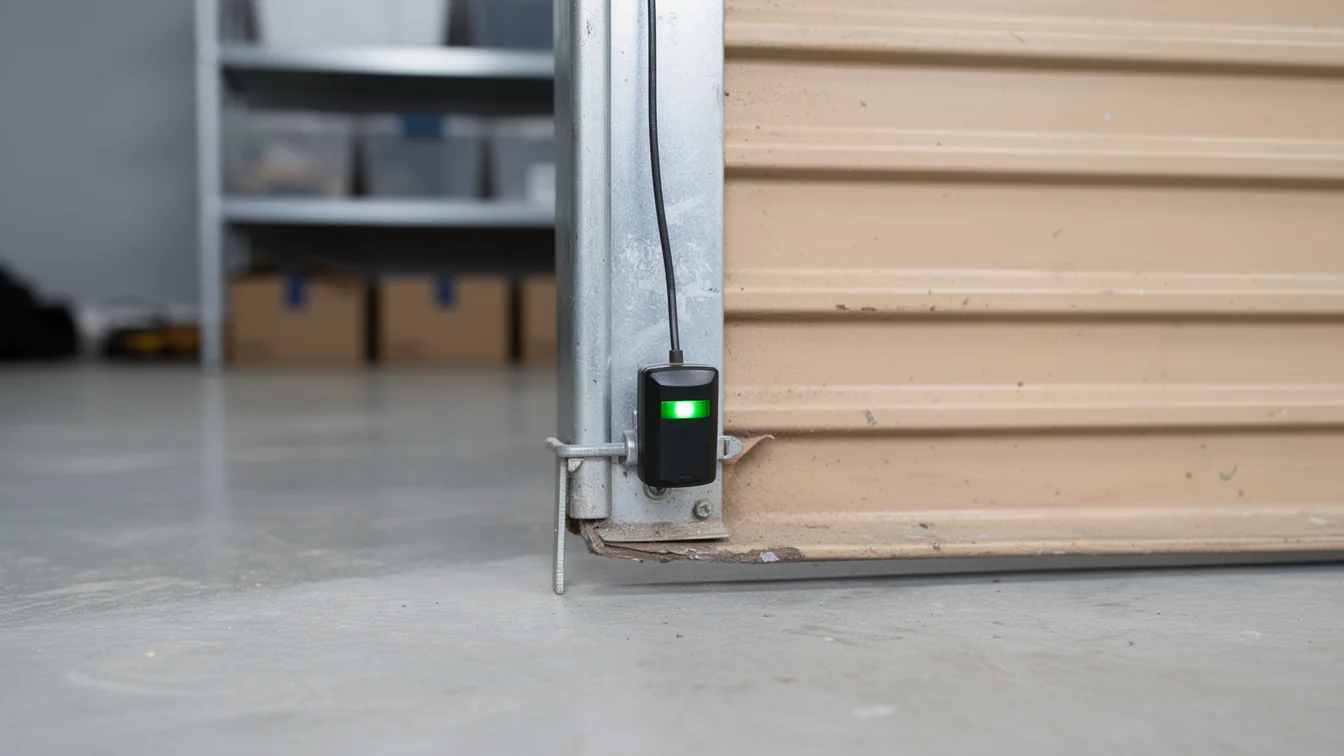 A black sensor with a green light is attached to the bottom of a beige garage door.