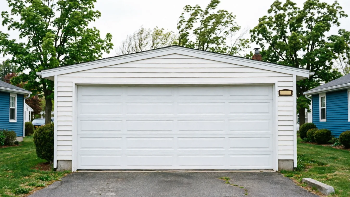A white garage with a white garage door, green trees, and blue houses.