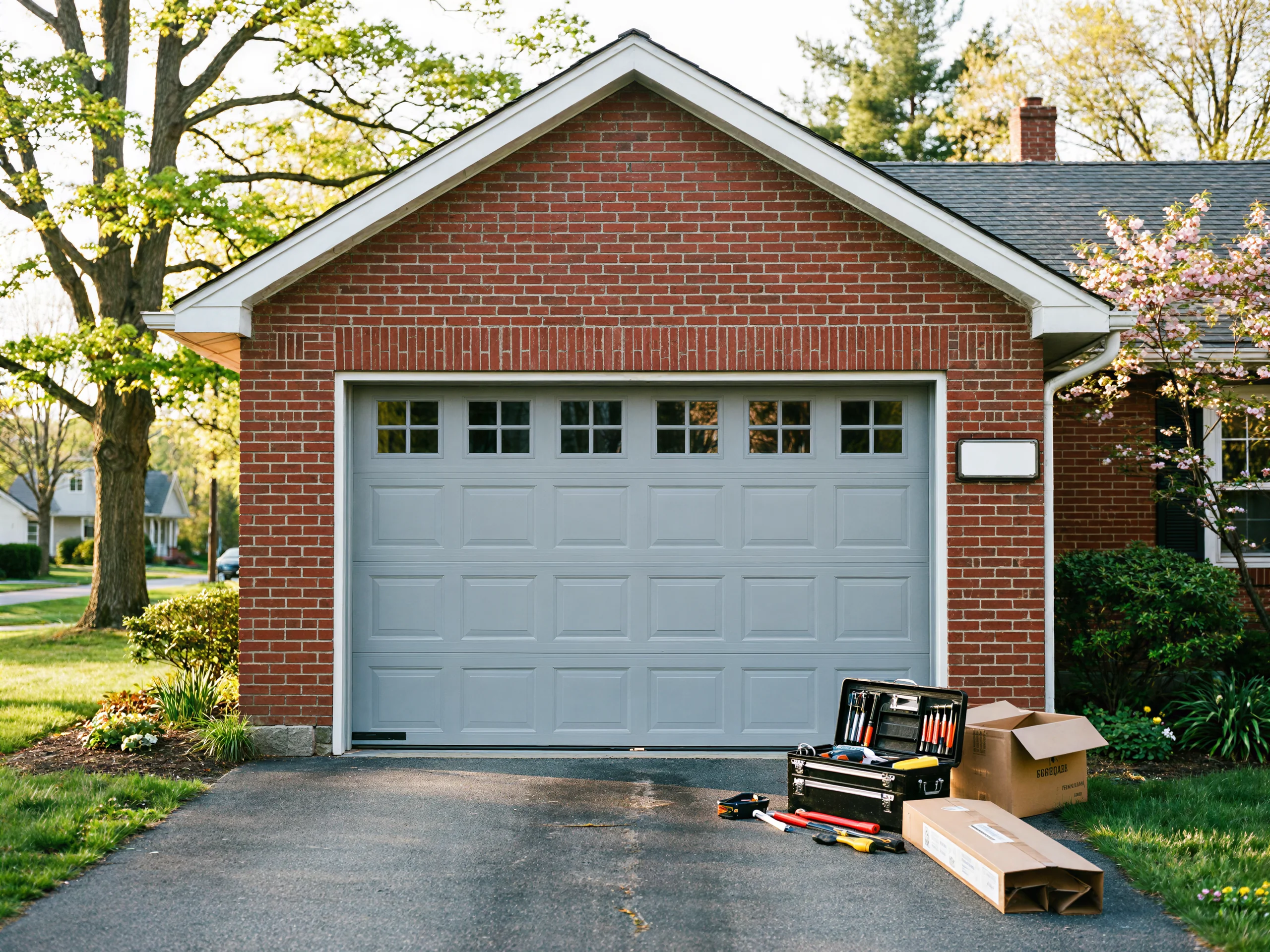 A gray garage door with windows on a brick house, with tools on the driveway.