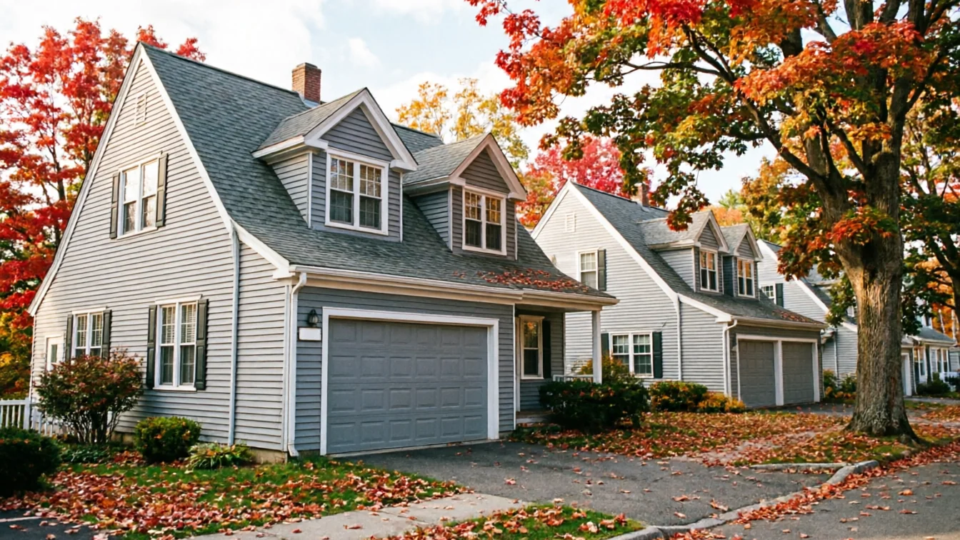 Two houses with gray garage doors and autumn leaves on the ground.